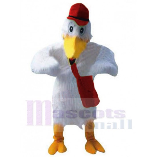 Cigogne Blanche Costume de mascotte Dessin animé avec le chapeau rouge
