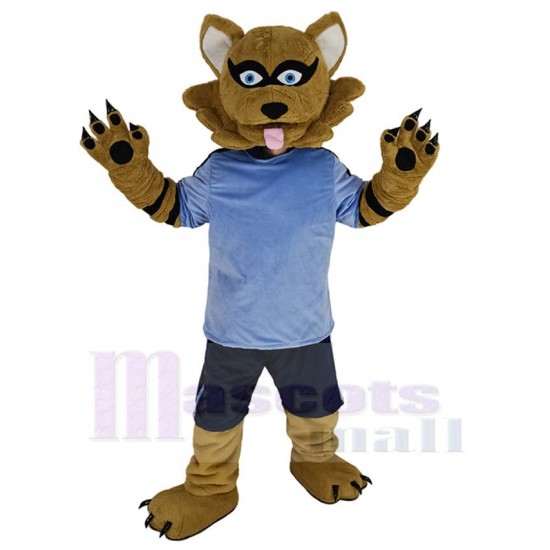 Brown Raccoon Mascot Costume Animal in Blue Jersey
