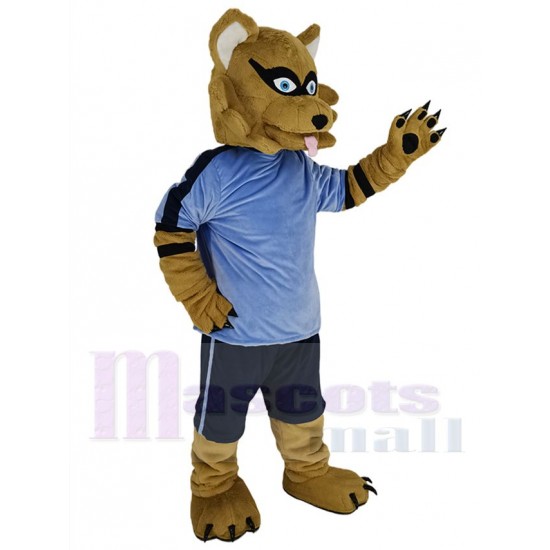 Brauner Waschbär Maskottchen Kostüm Tier im blauen Trikot