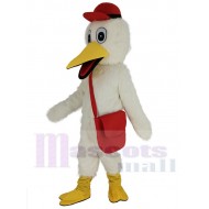 White Stork Mascot Costume Animal with Red Hat and Messenger Bag