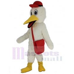 White Stork Mascot Costume Animal with Red Hat and Messenger Bag
