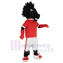 Black Horse Mascot Costume in Red Jersey Animal