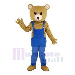 Brauner Teddybär Maskottchen Kostüm Tier in blauen Overalls