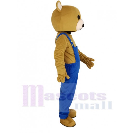 Brown Teddy Bear Mascot Costume Animal in Blue Overalls