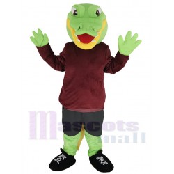 Green Alligator Mascot Costume in Maroon Shirt Animal