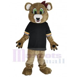 Brown Female Bear Mascot Costume Animal in Black T-shirt