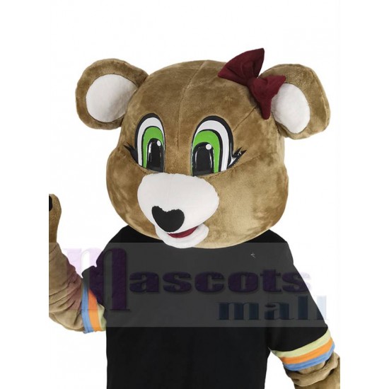 Brown Female Bear Mascot Costume Animal in Black T-shirt