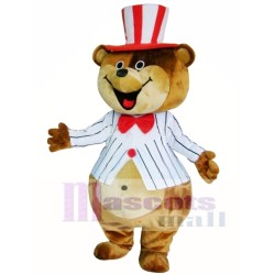 Huge Brown Teddy Bear in White Striped Coat Mascot Costume 