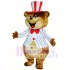 Énorme ours en peluche brun en costume de mascotte de manteau rayé blanc