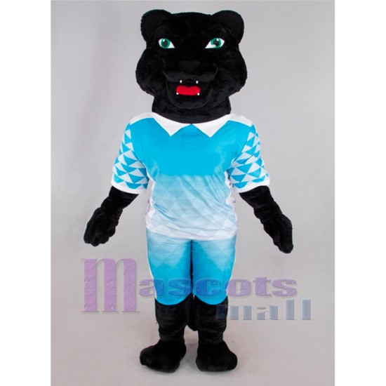 Pantera negra en traje deportivo azul Disfraz de mascota