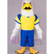 Águila calva en traje deportivo amarillo y azul Disfraz de mascota