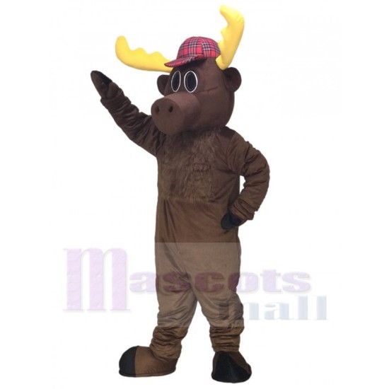Cute Dark Brown Hunter Moose with Hat  Mascot Costume