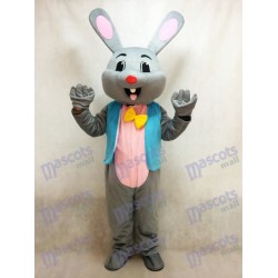 Easter Grey Bunny Rabbit Hare in Blue Vest Mascot Costume 