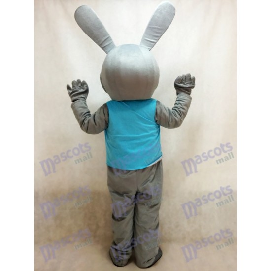 Liebre de conejo gris de Pascua en chaleco azul Disfraz de mascota