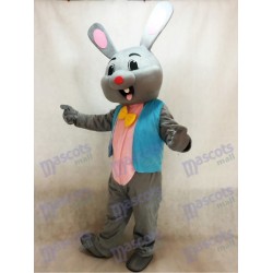 Easter Grey Bunny Rabbit Hare in Blue Vest Mascot Costume 