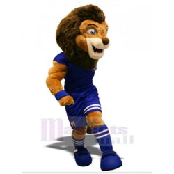 Jugador de fútbol león en ropa deportiva azul Traje de mascota Animal