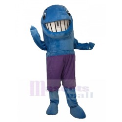 Baleine bleue souriante en pantalon violet Mascotte Costume Animal