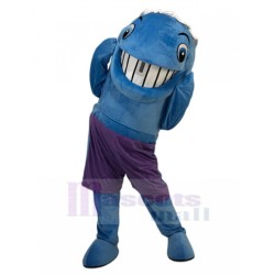 Grinning Blue Whale in Purple Pants Mascot Costume  Animal