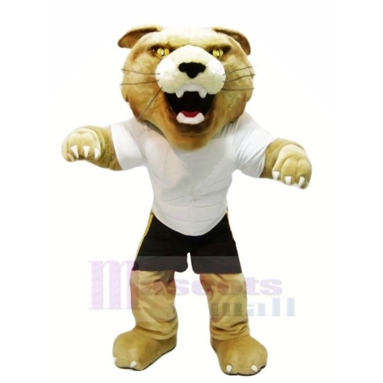 Fierce Wildcat in White T-shirt Mascot Costume