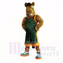 Sports Brown Horse in Green Shirt Mascot Costume
