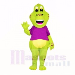 Green Dinosaur with Purple Shirt Mascot Costume Cartoon