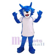 Bobcat bleu étincelant en chemises de sport blanches Mascotte Costume Animal