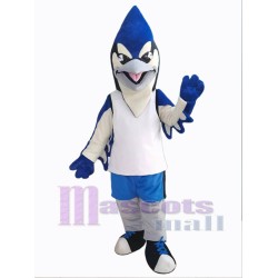 Blue and Black Bird in White Shirt Mascot Costume Animal