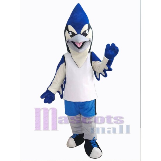 Blue and Black Bird in White Shirt Mascot Costume Animal