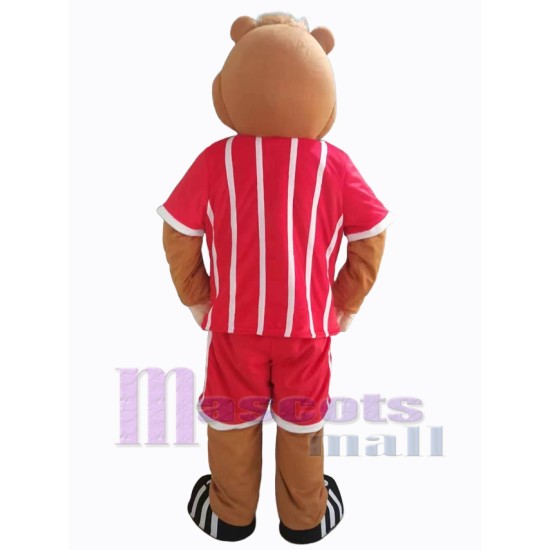 Bear in Red Sports Suit with White Stripes Mascot Costume Animal