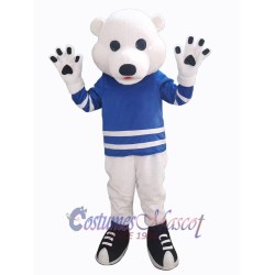 Polar Bear in Blue Shirt with White Stripe Mascot Costume Animal