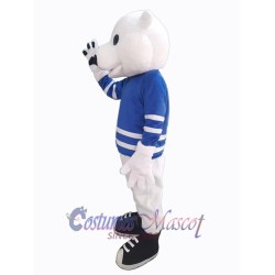Polar Bear in Blue Shirt with White Stripe Mascot Costume Animal