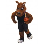 Costume de mascotte de chien de basket-ball marron foncé en jersey noir