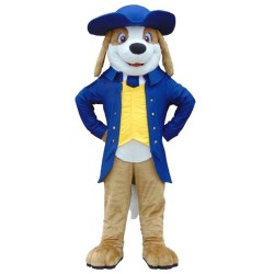 Costume de mascotte de chien Captain Beagle souriant en manteau bleu