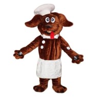 Lächelndes dunkelbraunes Koch-Hundemaskottchen-Kostüm mit Kochmütze