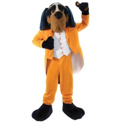 Elegantes Bandleader Rottweiler Maskottchen Kostüm im orangefarbenen Anzug