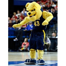 Disfraz de mascota de bulldog amarillo feroz en jersey azul oscuro