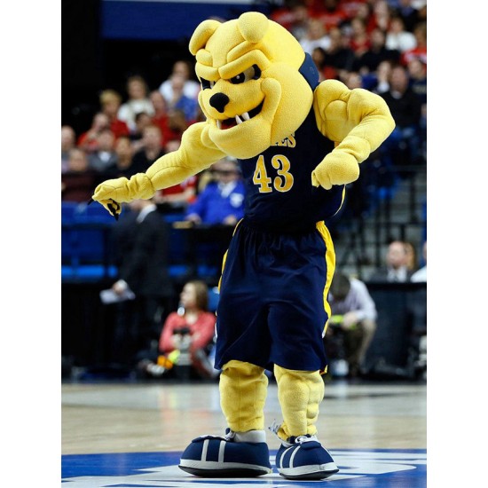 Disfraz de mascota de bulldog amarillo feroz en jersey azul oscuro