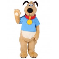 Costume de mascotte Thomson le chien marron clair avec t-shirt bleu