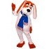 Disfraz de mascota de perro rojo y blanco de orejas largas con bufanda azul