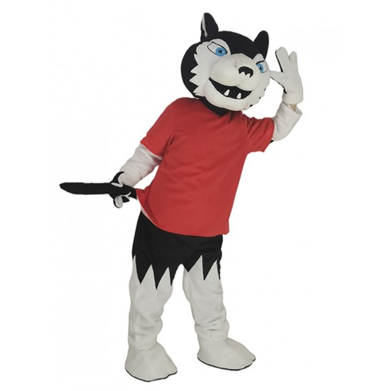 Schwarzer Wolf Spieler im roten T-Shirt Maskottchen Kostüm