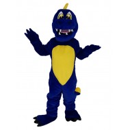 Costume de mascotte de dinosaure bleu foncé avec un ventre jaune