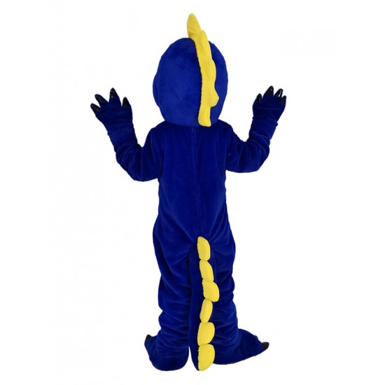Disfraz de mascota de dinosaurio azul oscuro con vientre amarillo