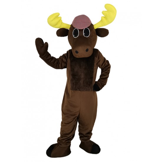 Costume de mascotte d'orignal chasseur brun avec chapeau animal