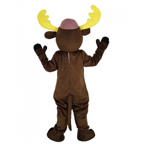 Costume de mascotte d'orignal chasseur brun avec chapeau animal