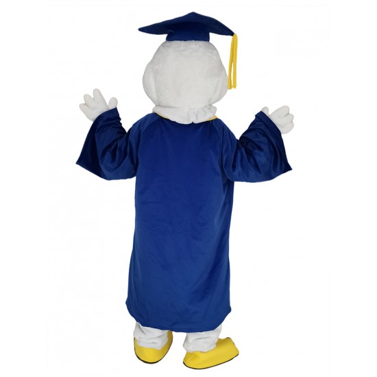 Costume de mascotte de professeur hibou animal en robe de célibataire bleu royal