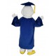 Costume de mascotte de professeur hibou animal en robe de célibataire bleu royal