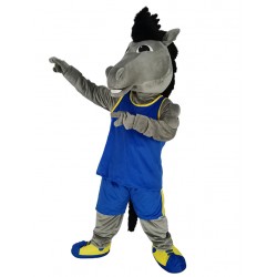 Gray Mustang Horse Mascot Costume Animal in Royal Blue Jersey