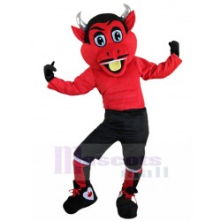 Cuerno de plata diablo rojo Disfraz de mascota en pantalones negros animados