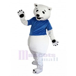 Friendly White Polar Bear Mascot Costume in Blue T-shirt Animal