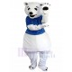 Friendly White Polar Bear Mascot Costume in Blue T-shirt Animal
